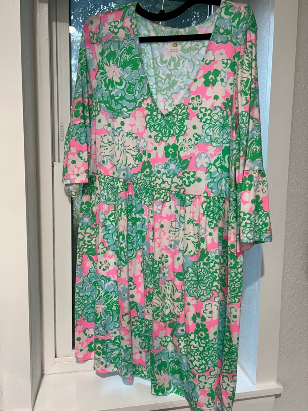 Lily Pulitzer Vibrant Green & Pink Floral V-Neck Dress XL